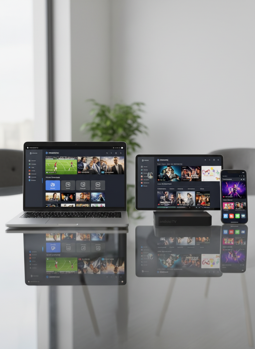 A polished glass desk supporting a slim silver laptop, a black Android TV box, a tablet, and a modern smartphone, all with synchronized IPTV interfaces showing different channels and on-demand content. Each screen displays crisp, colorful thumbnails and an elegant, consistent UI that suggests one unified subscription. Daylight from a large unseen window casts soft, even light across the devices, creating delicate reflections on the glass surface. The background is a muted, professional office setting, slightly out of focus. Photographic realism, shot from a slightly elevated angle with balanced composition, conveying reliability, multi-device compatibility, and a professional IPTV account management service.