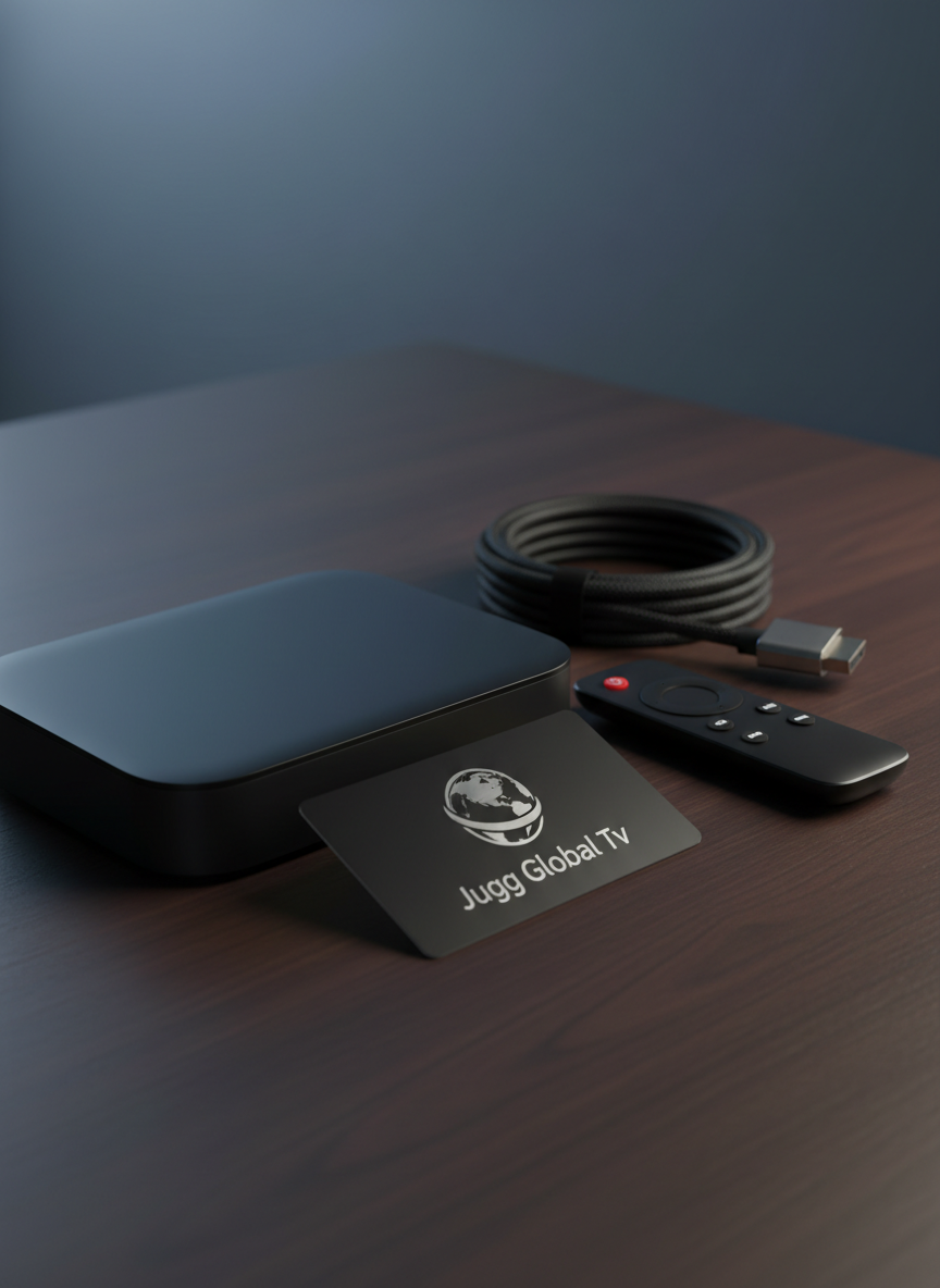 A close-up of a matte black streaming device and a branded IPTV access card resting on a smooth dark wooden surface, next to a neatly coiled high-quality HDMI cable and a compact remote control. The access card features a modern, abstract globe icon and clean typography reading “Jugg Global Tv” in subtle silver foil. Focused studio lighting from the side creates refined highlights on metallic details and soft shadows that emphasize texture. The background fades into a tasteful, blurred gradient of deep blues and greys. Photographic realism, shallow depth of field, professional and trustworthy mood, ideal for showcasing subscription codes and IPTV account activation.