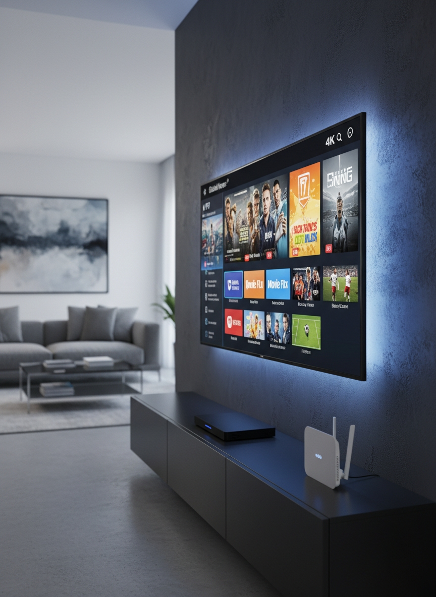 A sleek 4K smart TV mounted on a dark charcoal wall, its screen displaying a vibrant IPTV interface with neatly organized channel tiles, movie posters, and live sports thumbnails. A minimalist black media box and a discreet Wi-Fi router rest on a low, matte black console beneath. Soft, cool-toned ambient LED lighting glows from behind the TV, creating a subtle halo on the wall. The room is modern and uncluttered, with clean lines and a professional aesthetic. Photographic realism, eye-level composition with a slight angle, sharp focus on the screen, and a gently blurred, elegant living room background to emphasize premium IPTV subscription services for all devices.