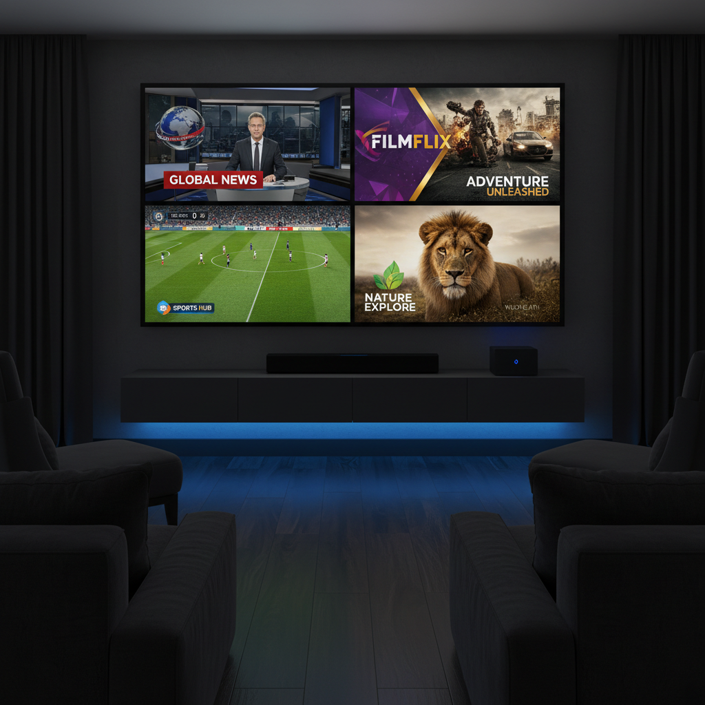 A high-end home cinema setup with a large wall-mounted OLED TV showing a dynamic split-screen of international IPTV channels: news, movies, sports, and documentaries, each with crisp logos and vivid colors. Below, a minimalist black soundbar and a discreet IPTV box sit on a low floating shelf in matte graphite. Subtle blue LED light strips run along the edge of the shelf, casting a soft futuristic glow. The room is darkened, with the TV as the primary light source, creating cinematic contrast and gentle reflections on the polished floor. Photographic realism, wide-angle shot with centered composition, evoking premium, worldwide IPTV entertainment access via subscription.