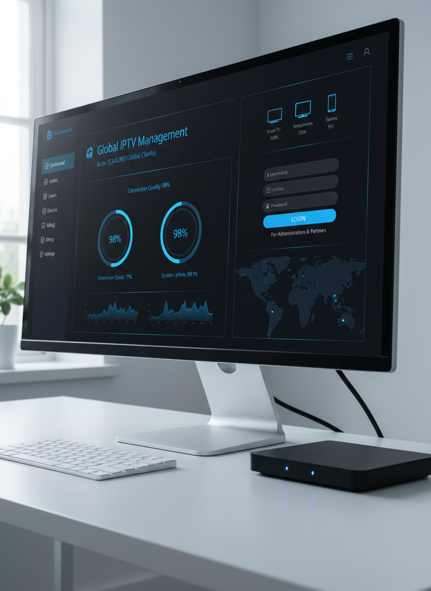 An elegant dashboard screen on a large ultra-wide desktop monitor, displaying a detailed IPTV management panel with subscription status, device icons, and secure login fields. The interface uses a refined dark theme with electric blue accents and subtle graphs indicating connection quality and uptime. The monitor stands on a clean white desk with only a wireless keyboard and a compact black router visible. Cool, diffused office lighting creates a calm, focused atmosphere, with faint reflections on the monitor’s glossy bezel. Photographic realism, straight-on eye-level composition, sharp focus throughout, conveying professionalism, control, and reliability of IPTV subscription management for global clients.